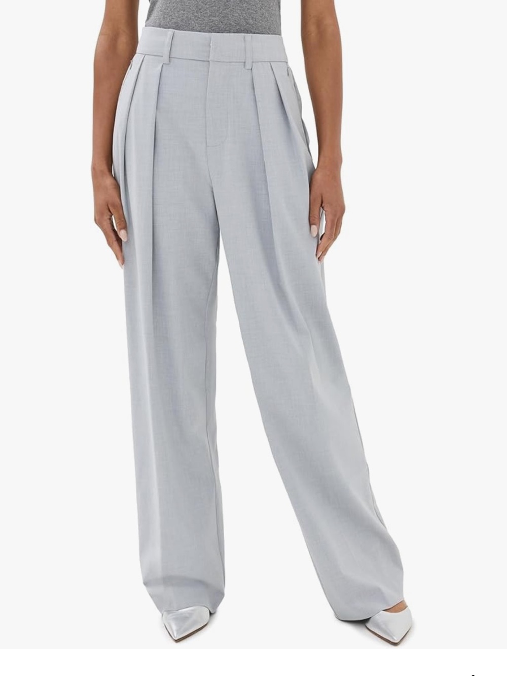 Good American Light Gray Wide-Leg Pleated Trousers